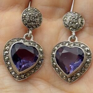 Sterling Silver 925 Amethyst Purple Stone Heart Stud Dangle Earrings VTG Pierced